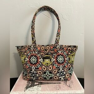 Vera Bradley Black Quilted Tote with Coral, Mint & Yellow Medallions